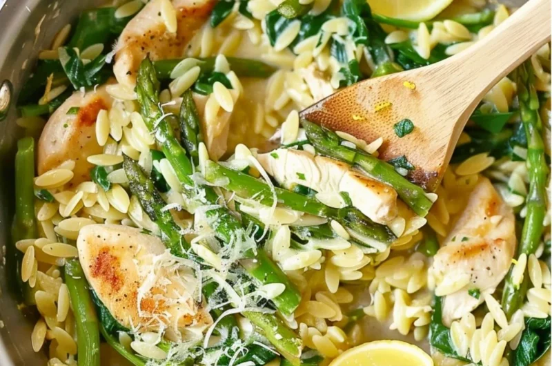 Delicious one pot lemon chicken orzo dish served in a bowl