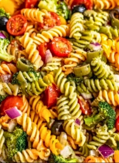 Colorful and fresh pasta salad with vegetables in a bowl