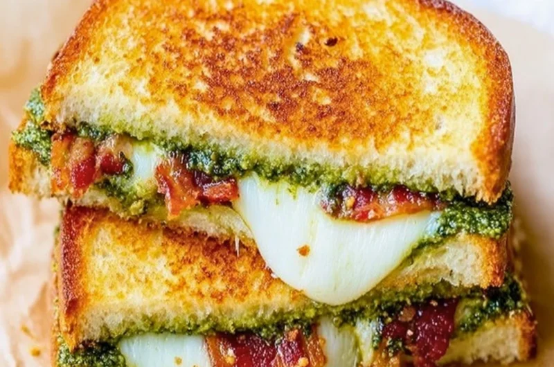 Delicious pesto grilled cheese sandwich with melted cheese and fresh basil