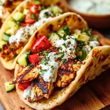 Quick Mediterranean Chicken Tacos topped with fresh vegetables and herbs