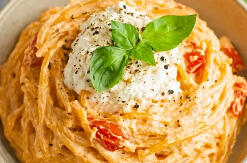 Bowl of roasted tomato garlic ricotta pasta with fresh herbs