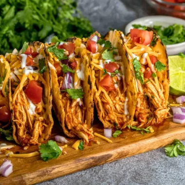 Slow cooker shredded chicken tacos topped with fresh ingredients in a soft taco shell