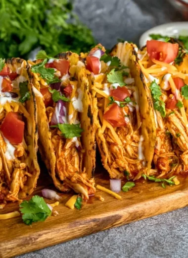 Slow cooker shredded chicken tacos topped with fresh ingredients in a soft taco shell