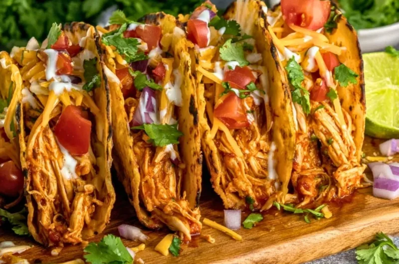 Slow cooker shredded chicken tacos topped with fresh ingredients in a soft taco shell