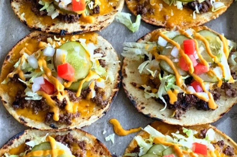 Smashed cheeseburger tacos served with toppings on a plate