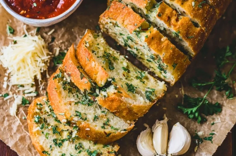 Freshly baked sourdough garlic bread sliced and garnished with herbs