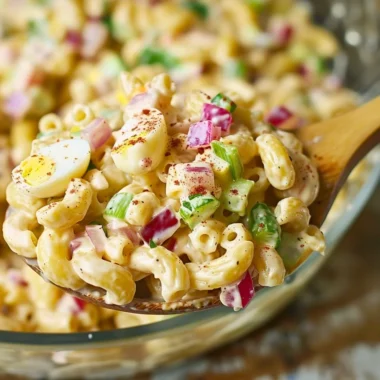A delicious bowl of Southern Macaroni Salad loaded with vegetables and creamy dressing