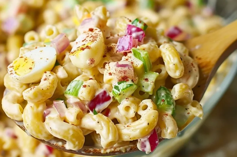 A delicious bowl of Southern Macaroni Salad loaded with vegetables and creamy dressing