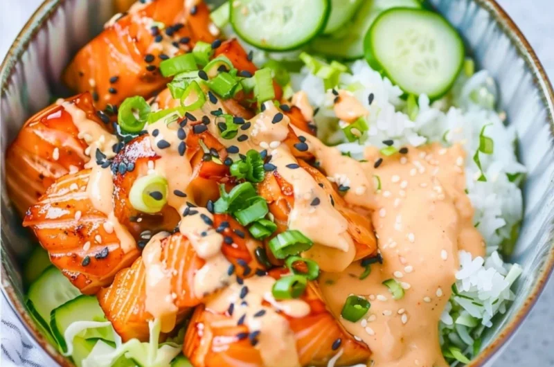 Delicious Spicy Salmon Bowl with fresh vegetables and zesty sauce