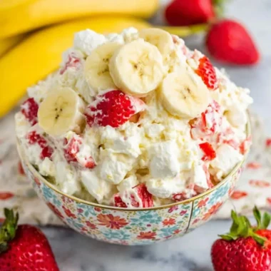 Delicious Strawberry Banana Fluff Salad with whipped cream and fresh fruit