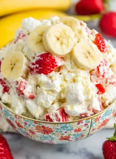 Delicious Strawberry Banana Fluff Salad with whipped cream and fresh fruit