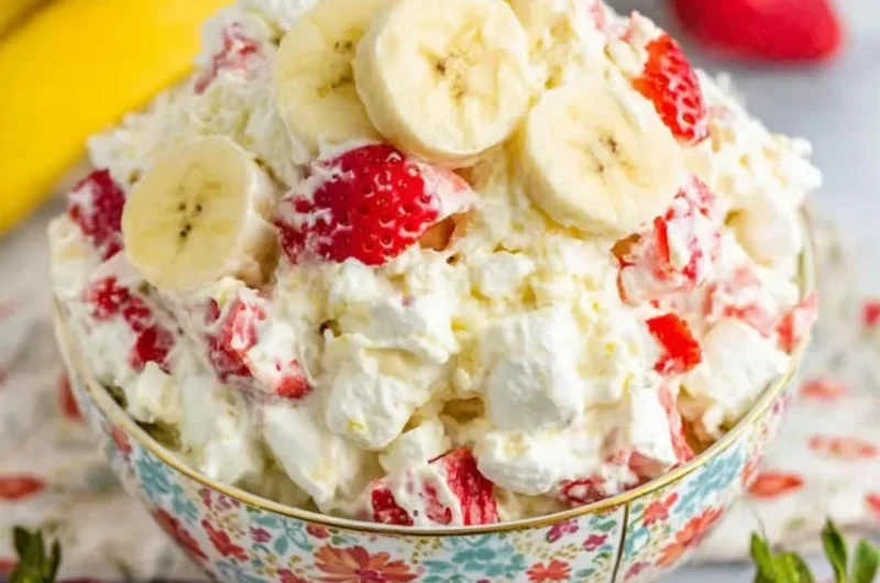 Delicious Strawberry Banana Fluff Salad with whipped cream and fresh fruit