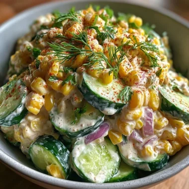 Creamy cucumber salad with street corn, garnished and served in a bowl