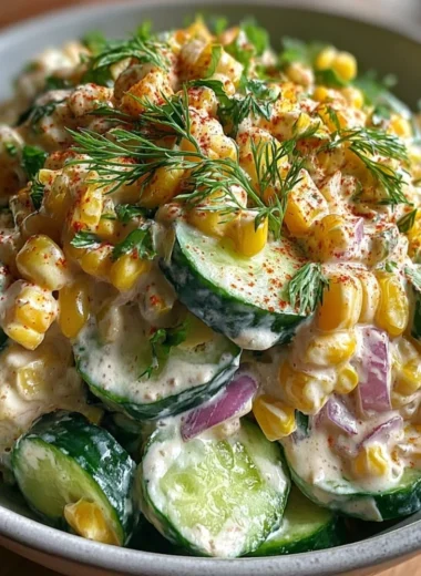 Creamy cucumber salad with street corn, garnished and served in a bowl