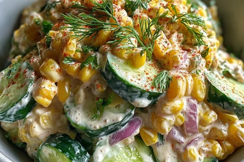 Creamy cucumber salad with street corn, garnished and served in a bowl