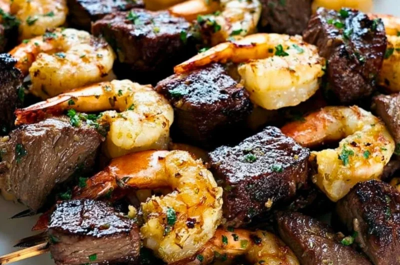 Surf and Turf Kebabs drizzled with Chimichurri Sauce on a platter