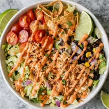 Delicious Taco Chicken Salad with seasoned chicken, fresh veggies, and zesty dressing
