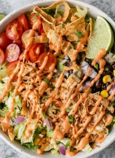 Delicious Taco Chicken Salad with seasoned chicken, fresh veggies, and zesty dressing