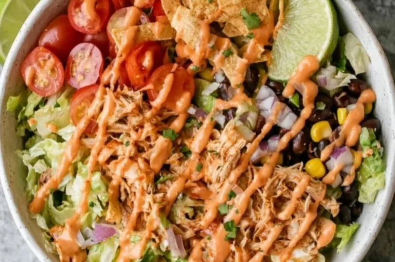 Delicious Taco Chicken Salad with seasoned chicken, fresh veggies, and zesty dressing