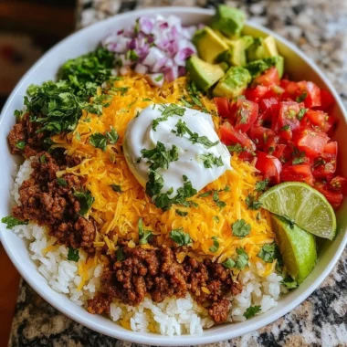 Delicious Taco Rice Bowl with seasoned beef, rice, and fresh toppings