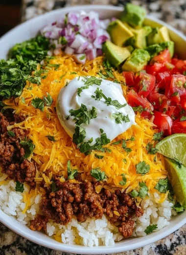 Delicious Taco Rice Bowl with seasoned beef, rice, and fresh toppings