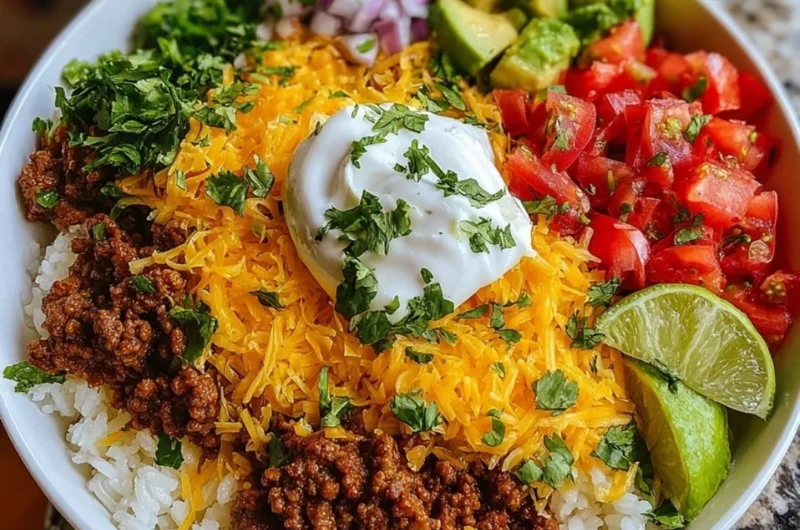 Delicious Taco Rice Bowl with seasoned beef, rice, and fresh toppings