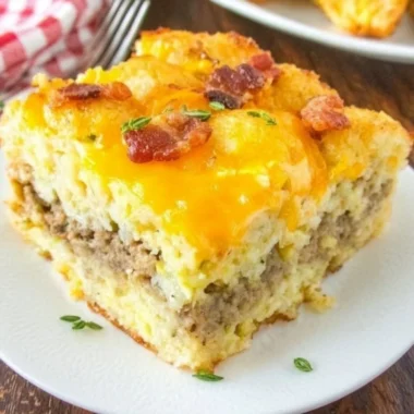 Delicious Tater Tot Breakfast Casserole baked to perfection.