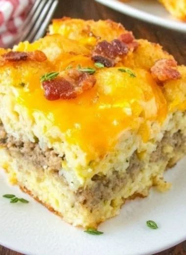 Delicious Tater Tot Breakfast Casserole baked to perfection.