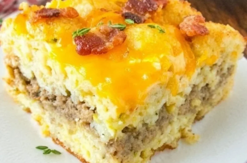 Delicious Tater Tot Breakfast Casserole baked to perfection.