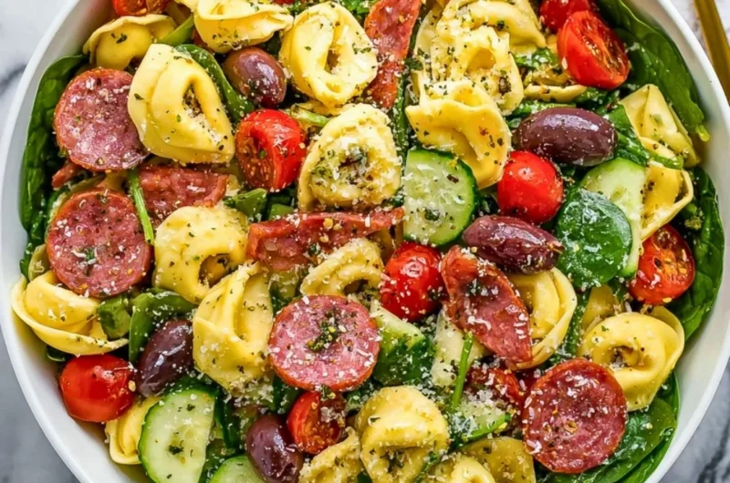 Delicious Tortellini Pasta Salad with fresh vegetables and dressing
