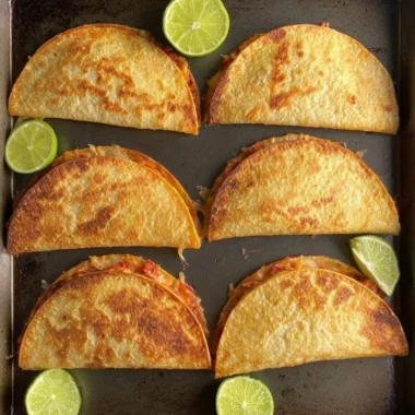 Freshly baked chicken tacos topped with cheese and salsa