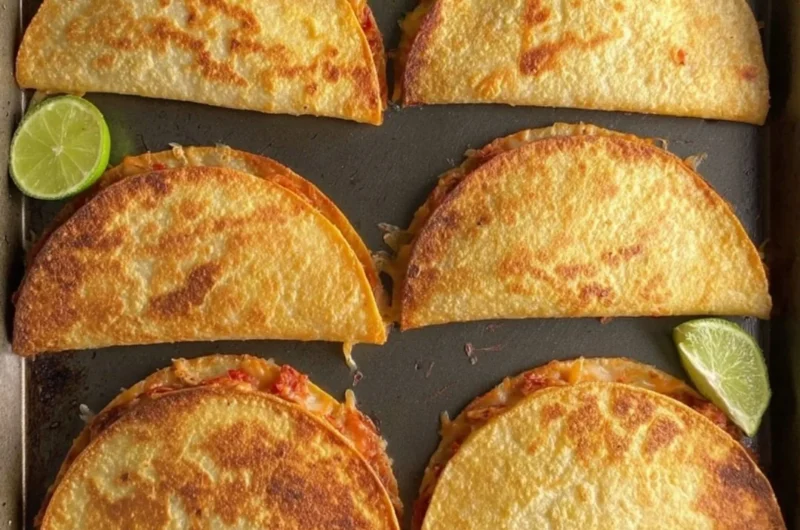 Freshly baked chicken tacos topped with cheese and salsa