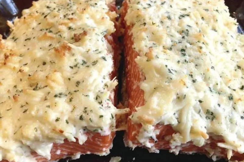 Baked salmon with a parmesan and herb crust topped with mayo