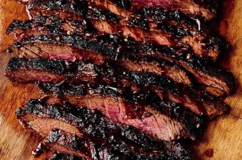 Balsamic flank steak served with grilled zucchini and whipped feta cheese.