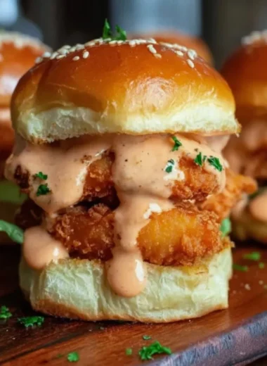 Delicious Bang Bang Chicken Sliders served with a spicy sauce
