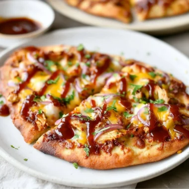 BBQ Chicken Naan Pizza topped with cheese and herbs