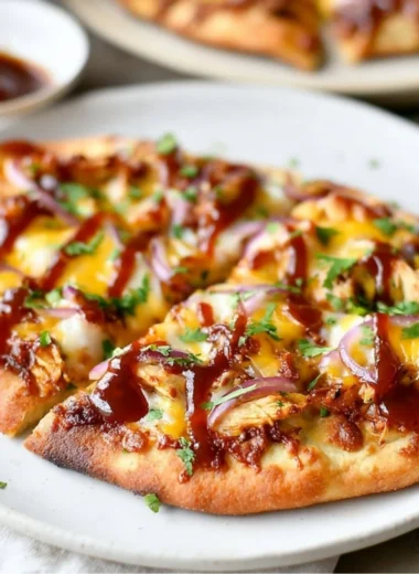 BBQ Chicken Naan Pizza topped with cheese and herbs