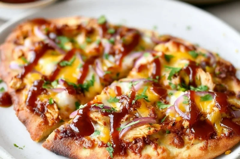 BBQ Chicken Naan Pizza topped with cheese and herbs