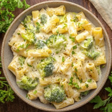 Creamy Broccoli Cheese Pasta served in a bowl garnished with fresh herbs