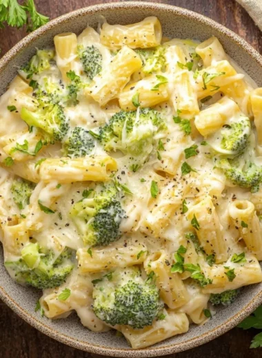 Creamy Broccoli Cheese Pasta served in a bowl garnished with fresh herbs