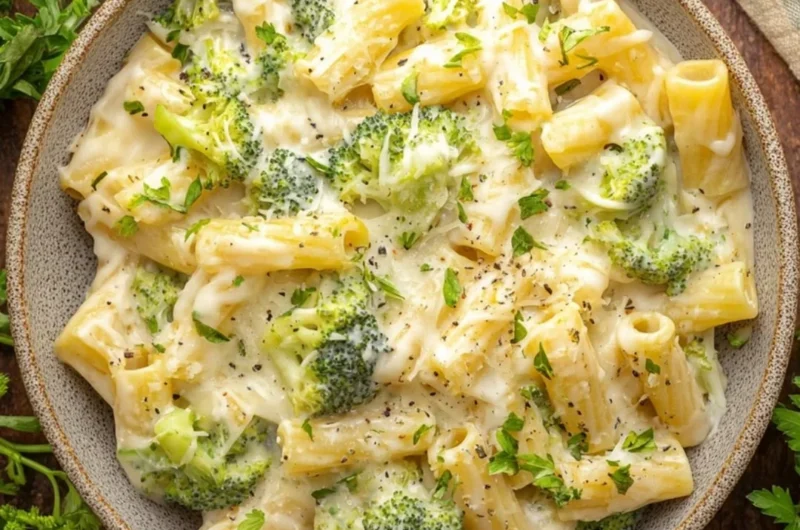 Creamy Broccoli Cheese Pasta served in a bowl garnished with fresh herbs
