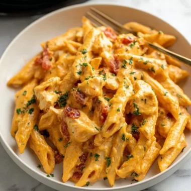 Creamy Buffalo Chicken Pasta with spices and chicken in a bowl