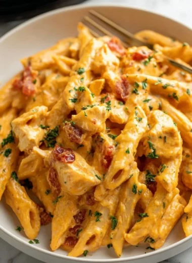 Creamy Buffalo Chicken Pasta with spices and chicken in a bowl