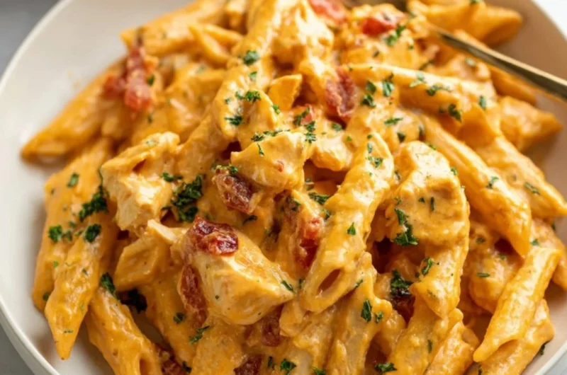 Creamy Buffalo Chicken Pasta with spices and chicken in a bowl