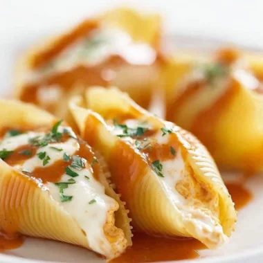 Buffalo Chicken Stuffed Shells filled with spicy chicken and cheese