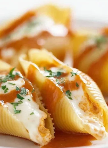 Buffalo Chicken Stuffed Shells filled with spicy chicken and cheese