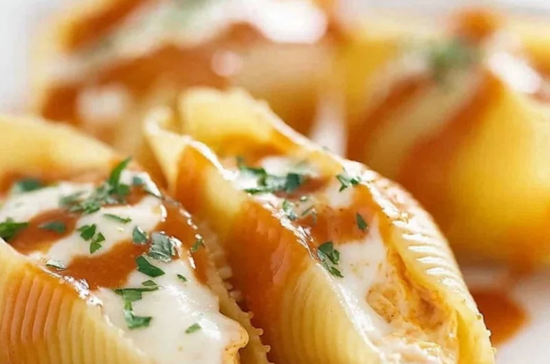 Buffalo Chicken Stuffed Shells filled with spicy chicken and cheese