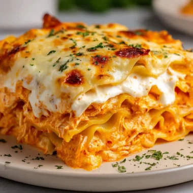 Cheesy Buffalo Ranch Chicken Lasagna with layers of chicken and cheese