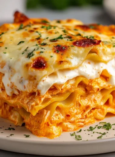 Cheesy Buffalo Ranch Chicken Lasagna with layers of chicken and cheese