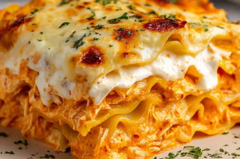 Cheesy Buffalo Ranch Chicken Lasagna with layers of chicken and cheese